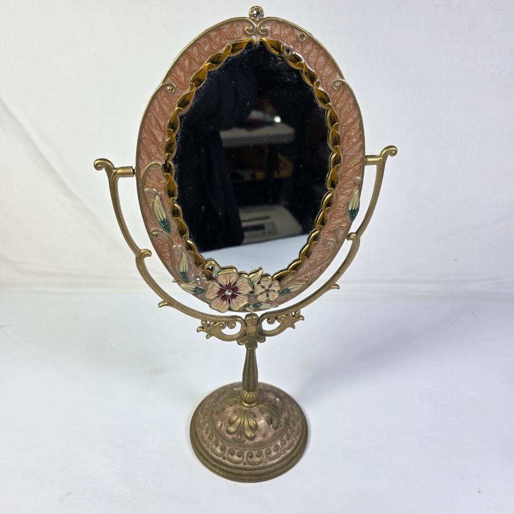 Vintage Tabletop Vanity Mirror Floral Enamel BrassTone Oval Swivel Makeup Mirror